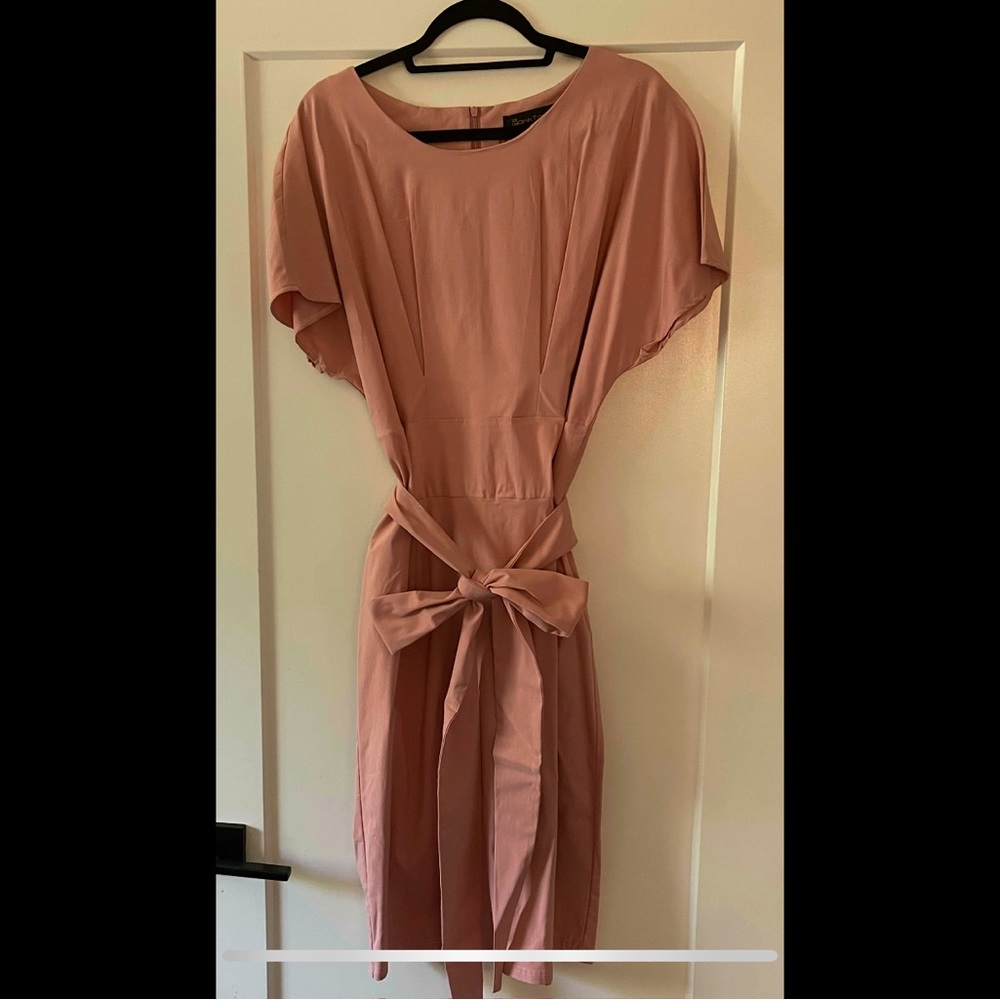 Pink Sheath Midi Dress with Tie Front